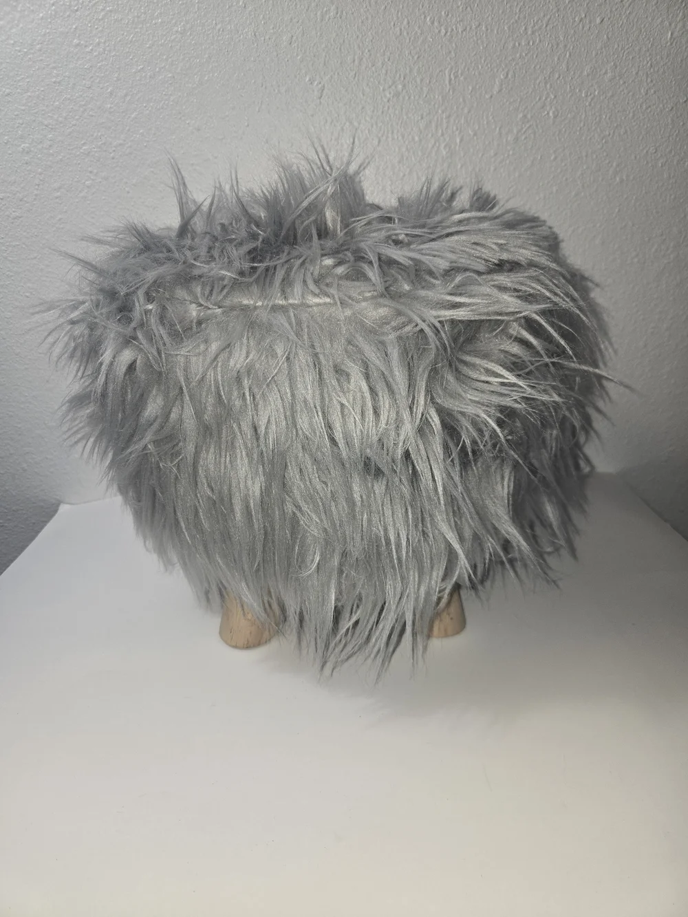 Faux Fur Gray Accent Stool with Wooden Legs